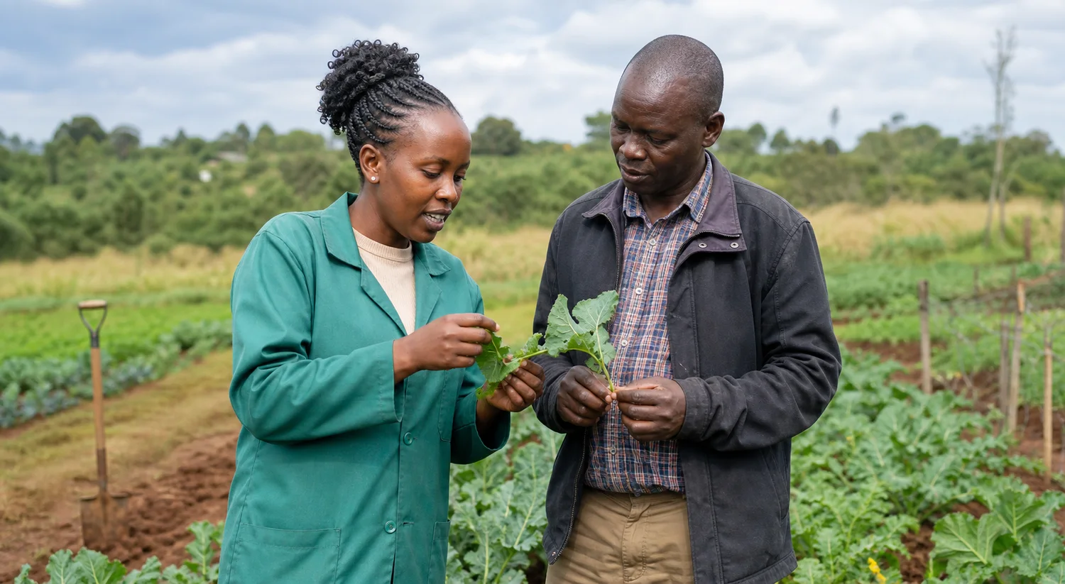 An agricultural extension officer and farmer inspect crop leaves together