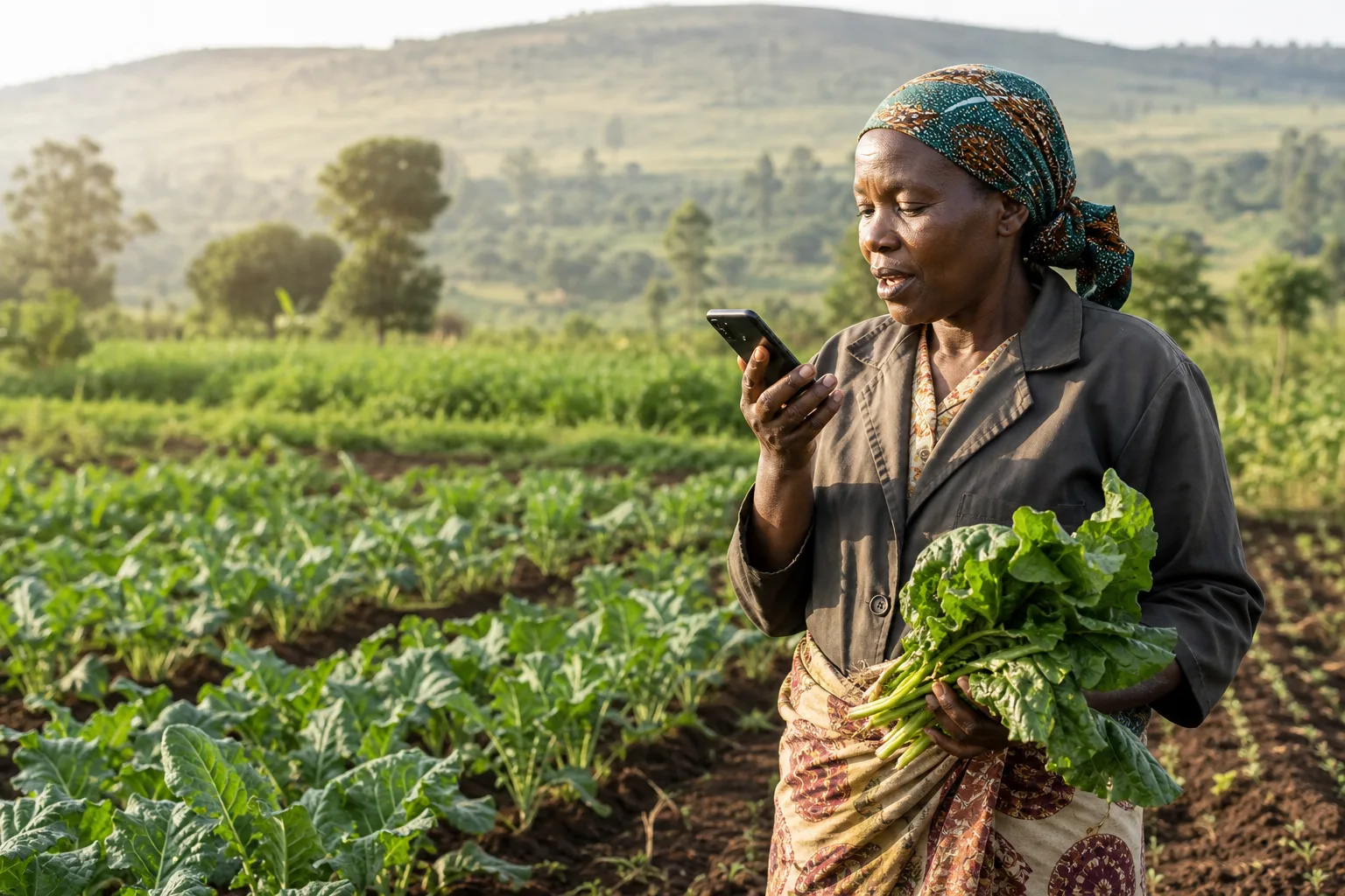 A Kenyan farmer using voice support in a vegetable field