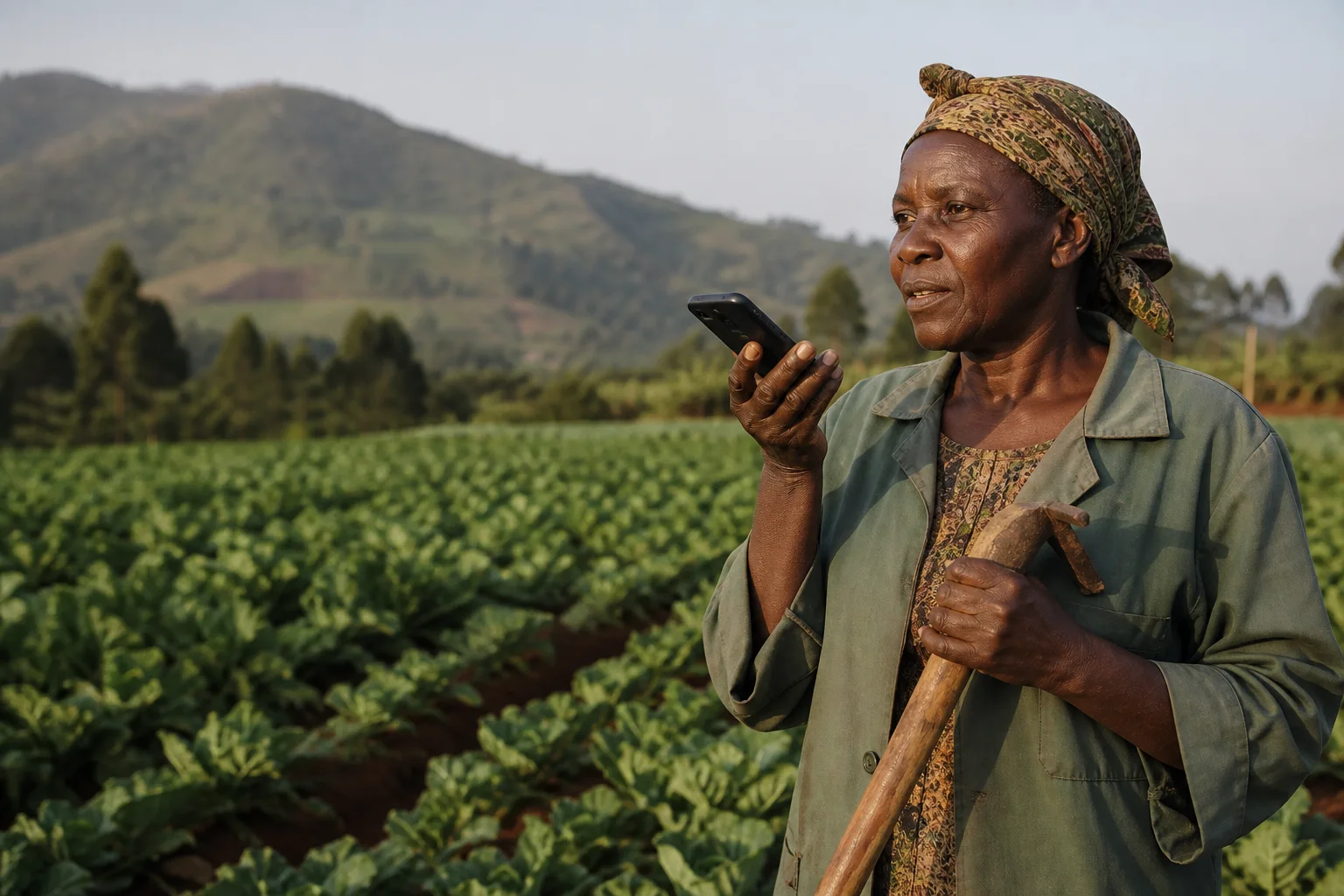 A Kenyan farmer asking for voice guidance on her phone in a vegetable field